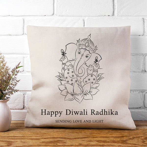 Personalised Diwali Ganesh Cushion Cover available to buy at www.giftsfinder.co.uk