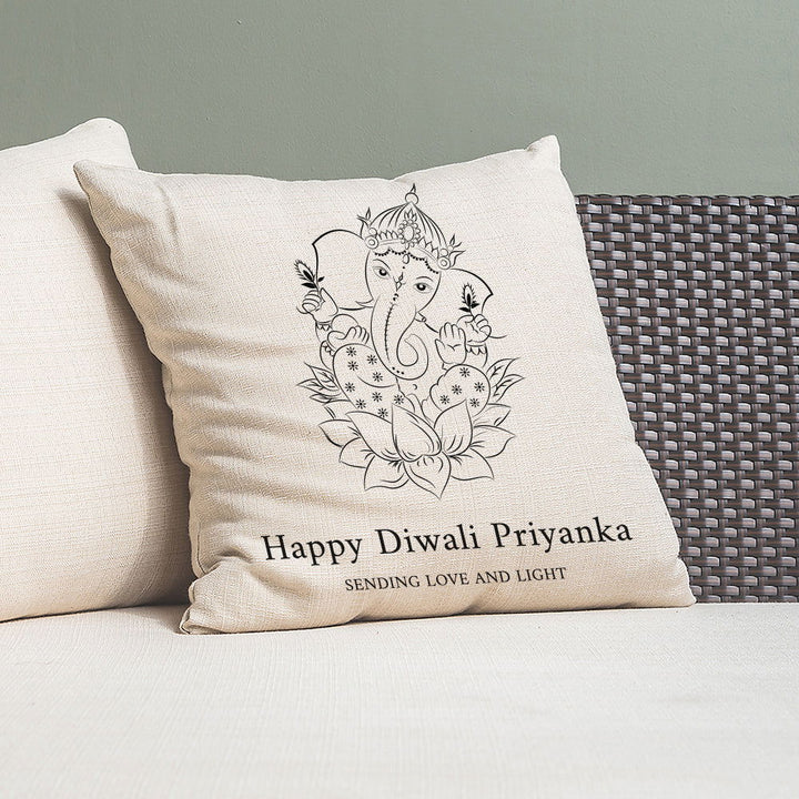 Personalised Diwali Ganesh Cushion Cover available to buy at www.giftsfinder.co.uk