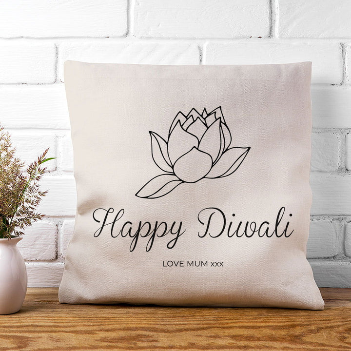 Personalised Diwali Lotus Cushion Cover available to buy at www.giftsfinder.co.uk