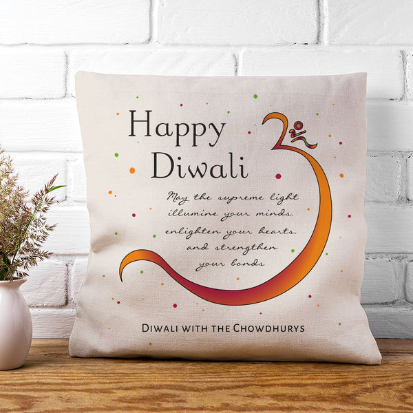 Personalised Diwali Om Symbol Cushion Cover available to buy at www.giftsfinder.co.uk