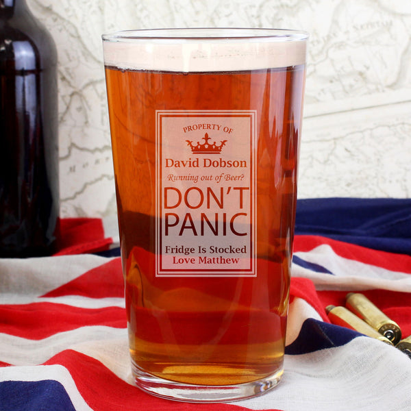 Personalised Dont Panic Pint Glass available to buy at www.giftsfinder.co.uk