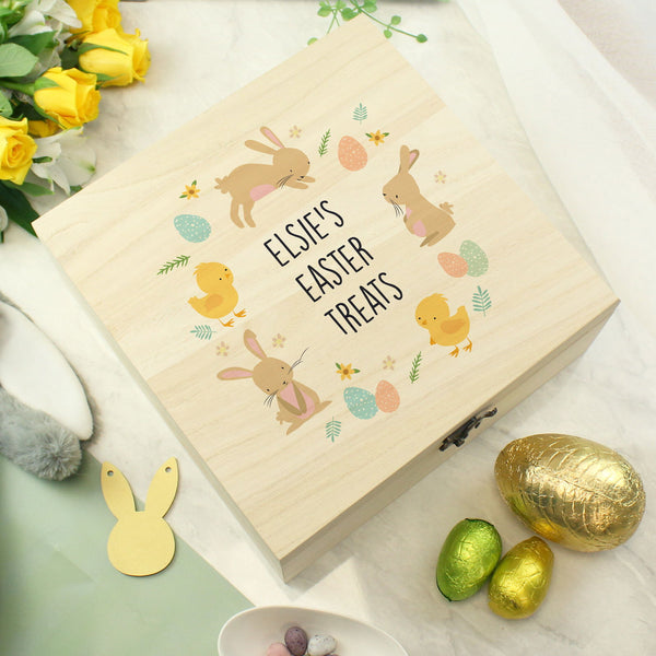 Personalised Easter Bunny & Chick Large Wooden Keepsake Box available to buy at www.giftsfinder.co.uk