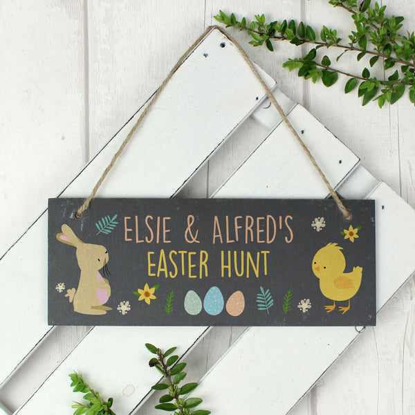 Personalised Easter Bunny & Chick Slate Door Plaque available to buy at www.giftsfinder.co.uk