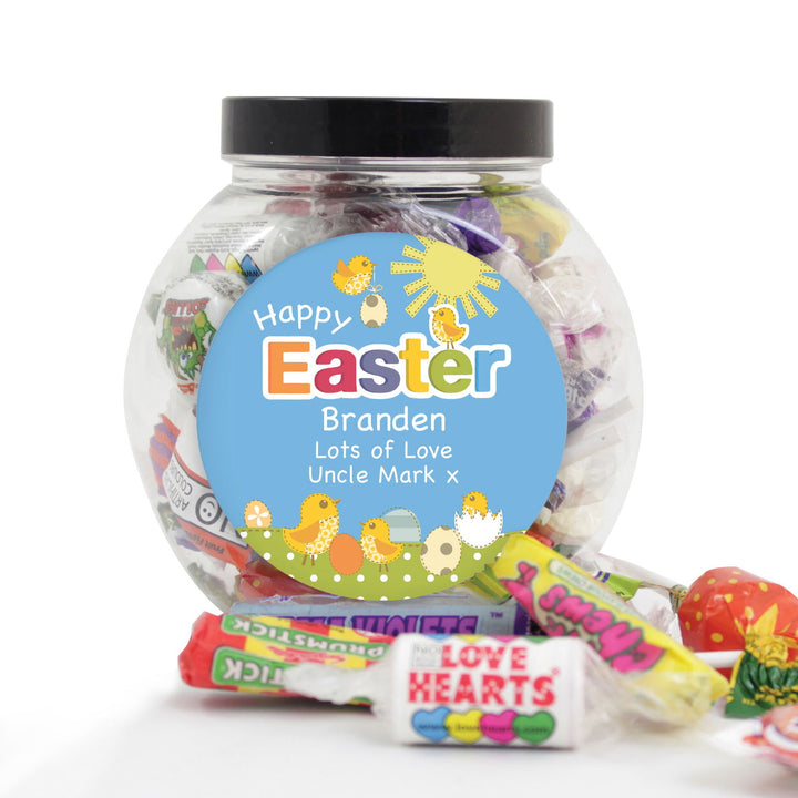 Personalised Easter Chick Sweet Jar available to buy at www.giftsfinder.co.uk