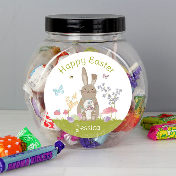 Personalised Easter Meadow Bunny Sweets Jar available to buy at www.giftsfinder.co.uk