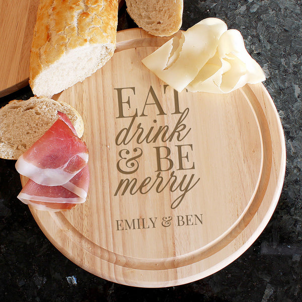 Personalised Eat Drink & Be Merry Rectangular Chopping Board available to buy at www.giftsfinder.co.uk