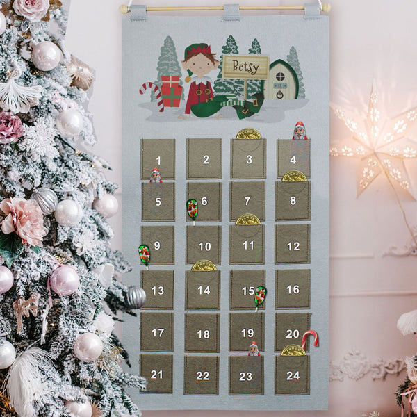 Personalised Elf Advent Calendar In Silver Grey available to buy at www.giftsfinder.co.uk