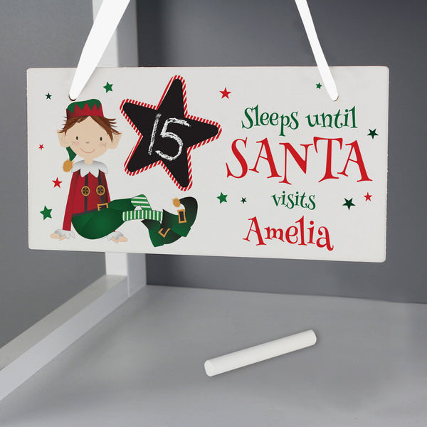 Personalised Elf Christmas Chalk Countdown Wooden Block Sign available to buy at www.giftsfinder.co.uk