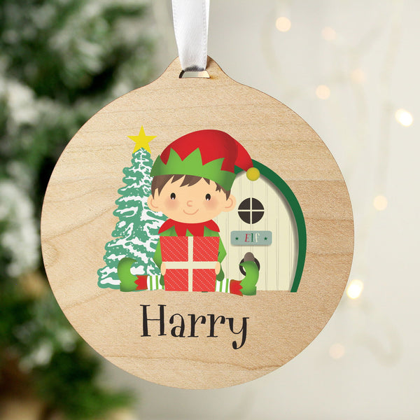 Personalised Elf Round Wooden Decoration available to buy at www.giftsfinder.co.uk