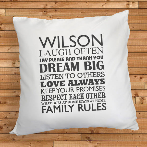 Personalised Family Rules Cushion Cover available to buy at www.giftsfinder.co.uk