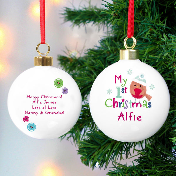 Personalised Felt Stitch Robin 'My 1st Christmas' Bauble available to buy at www.giftsfinder.co.uk