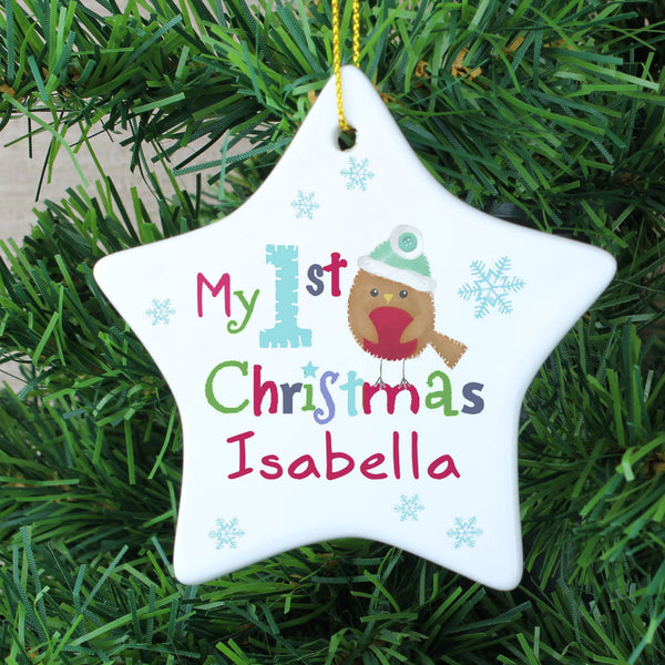 Personalised Felt Stitch Robin 'My 1st Christmas' Ceramic Star Decoration available to buy at www.giftsfinder.co.uk