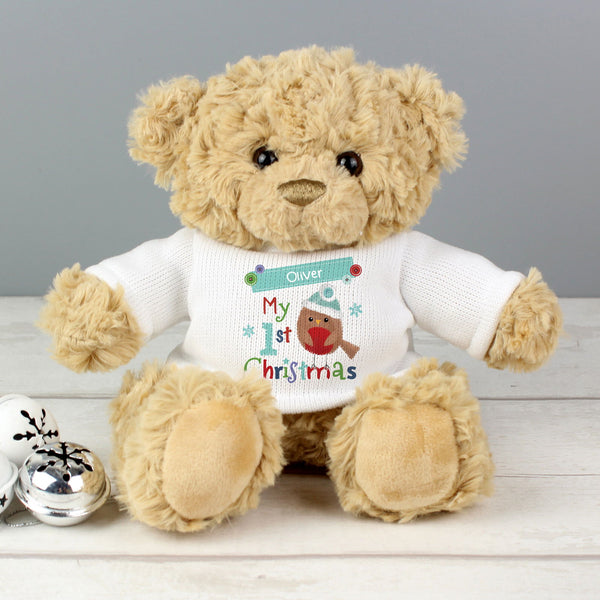 Personalised Felt Stitch Robin 'My 1st Christmas' Teddy Bear available to buy at www.giftsfinder.co.uk