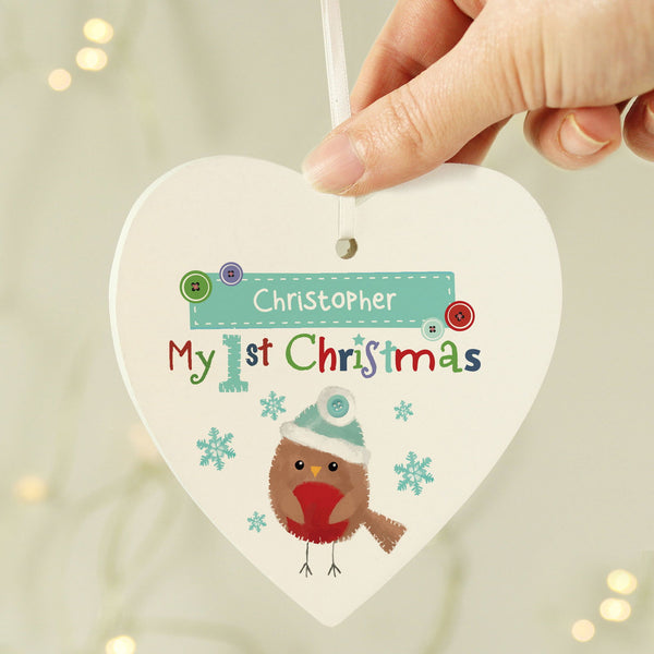 Personalised Felt Stitch Robin 'My 1st Christmas' Wooden Heart Decoration available to buy at www.giftsfinder.co.uk