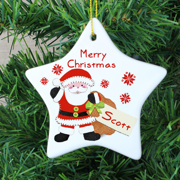 Personalised Felt Stitch Santa Ceramic Star Decoration available to buy at www.giftsfinder.co.uk