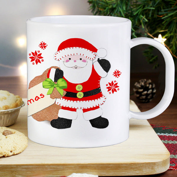 Personalised Felt Stitch Santa Plastic Mug available to buy at www.giftsfinder.co.uk