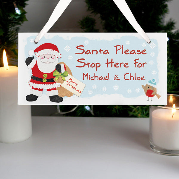 Personalised Felt Stitch Santa Stop Here Wooden Sign available to buy at www.giftsfinder.co.uk