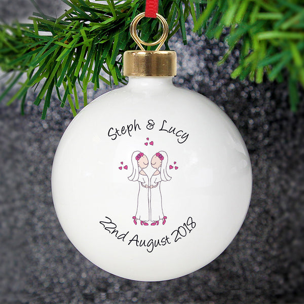 Personalised Female Same-Sex Wedding Partnership Bauble available to buy at www.giftsfinder.co.uk