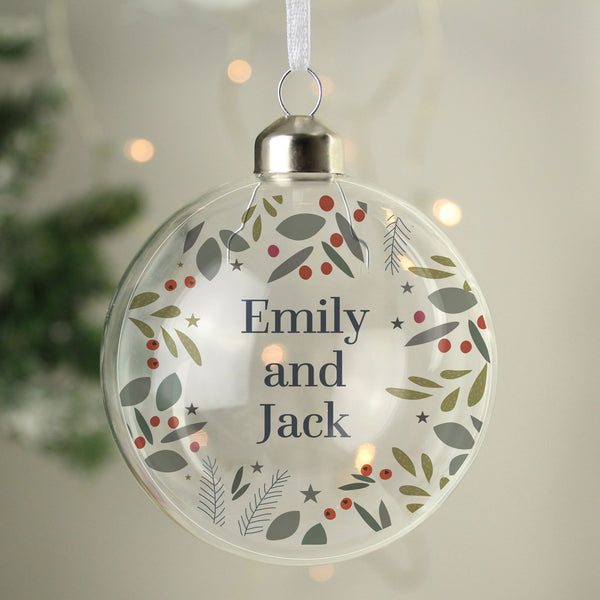 Personalised Festive Christmas Glass Bauble available to buy at www.giftsfinder.co.uk