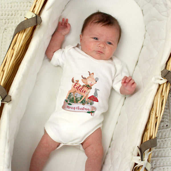 Personalised Festive Fawn 0-3 Months Baby Vest available to buy at www.giftsfinder.co.uk