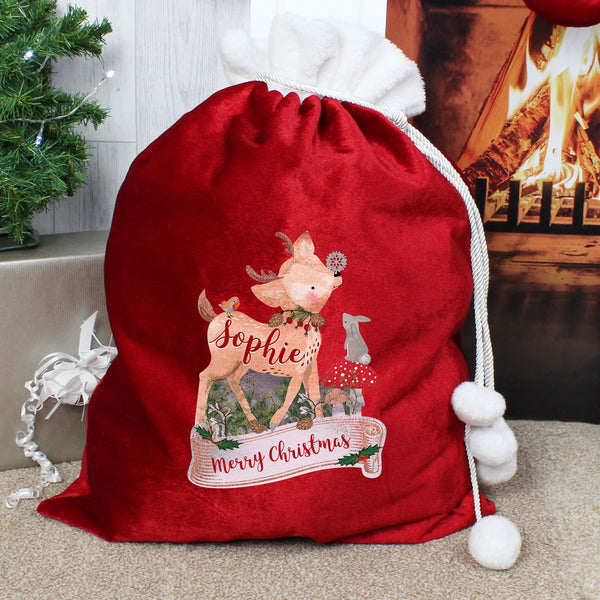 Personalised Festive Fawn Luxury Pom Pom Red Children's Christmas Sack available to buy at www.giftsfinder.co.uk