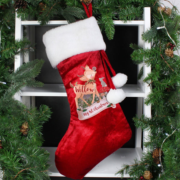 Personalised Festive Fawn Luxury Red Stocking available to buy at www.giftsfinder.co.uk