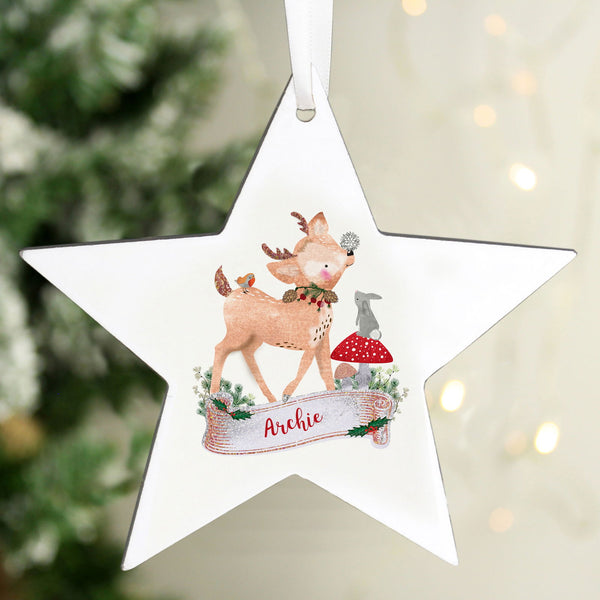 Personalised Festive Fawn Wooden Star Decoration available to buy at www.giftsfinder.co.uk