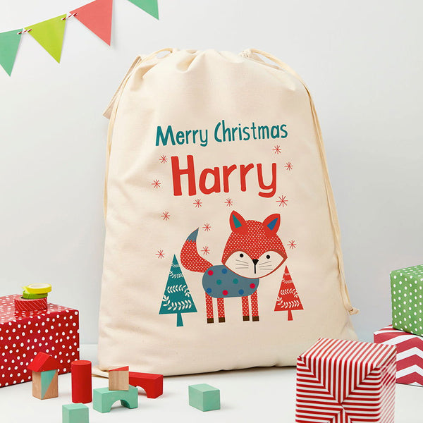 Personalised Festive Fox Christmas Sack available to buy at www.giftsfinder.co.uk