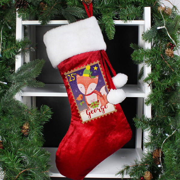 Personalised Festive Fox Luxury Red Stocking available to buy at www.giftsfinder.co.uk