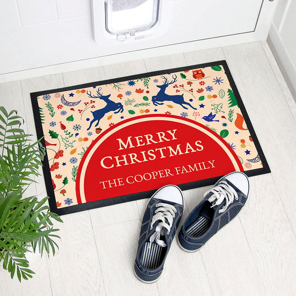 Personalised Festive Reindeer Christmas Indoor Doormat available to buy at www.giftsfinder.co.uk