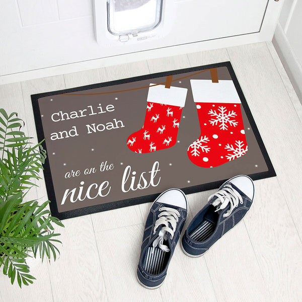 Personalised Festive Stockings Christmas Indoor Doormat available to buy at www.giftsfinder.co.uk