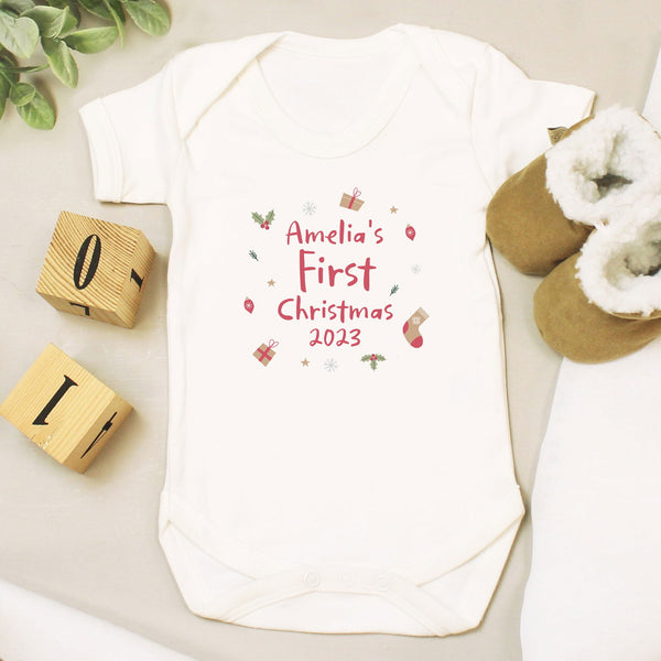 Personalised First Christmas 0-3 Months Baby Vest available to buy at www.giftsfinder.co.uk