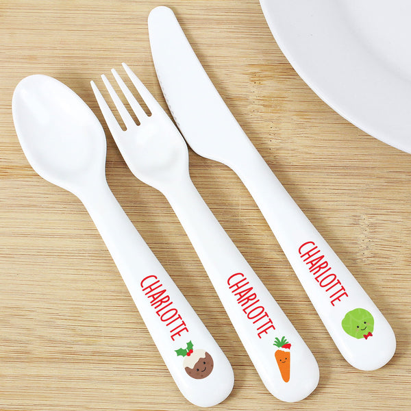 Personalised 'First Christmas Dinner' 3 Piece Plastic Cutlery Set available to buy at www.giftsfinder.co.uk