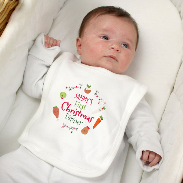 Personalised 'First Christmas Dinner' Bib available to buy at www.giftsfinder.co.uk