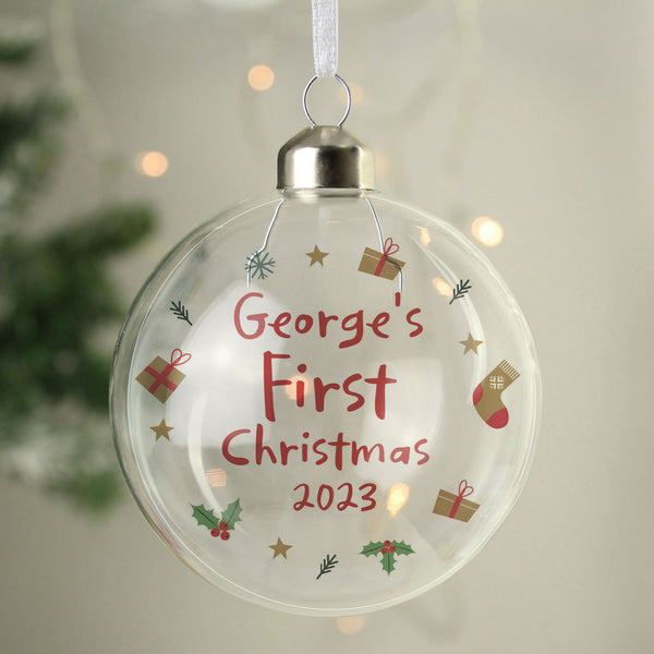 Personalised First Christmas Glass Bauble available to buy at www.giftsfinder.co.uk