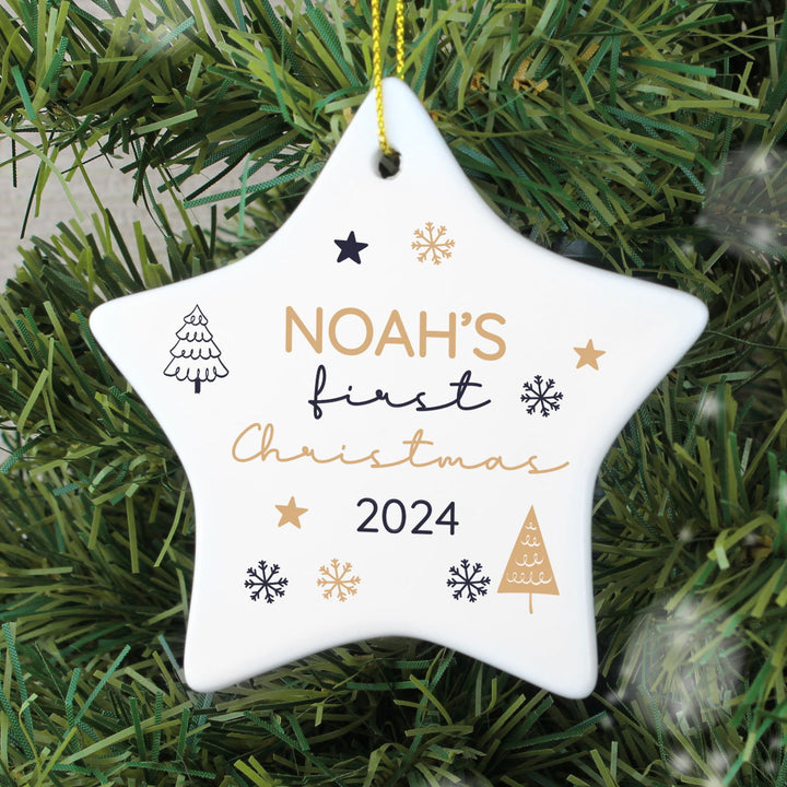 Personalised First Christmas Star Christmas Tree Decoration available to buy at www.giftsfinder.co.uk