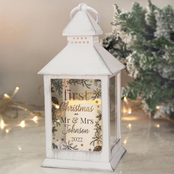 Personalised First Christmas White Lantern available to buy at www.giftsfinder.co.uk