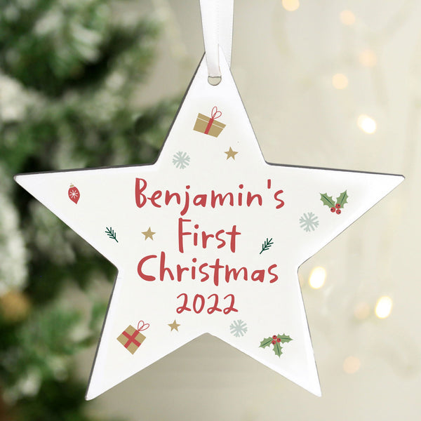 Personalised First Christmas Wooden Star Decoration available to buy at www.giftsfinder.co.uk