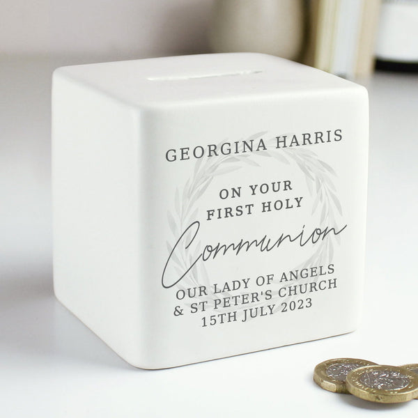 Personalised First Holy Communion Ceramic Square Money Box available to buy at www.giftsfinder.co.uk