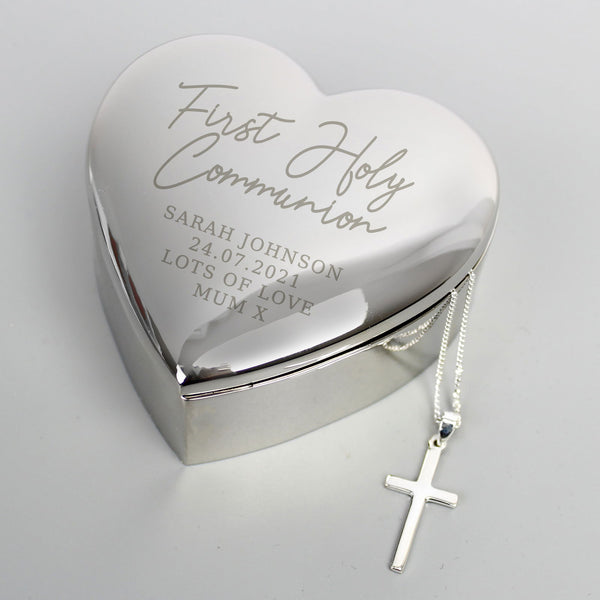 Personalised First Holy Communion Heart Trinket Box & Cross Necklace Set available to buy at www.giftsfinder.co.uk