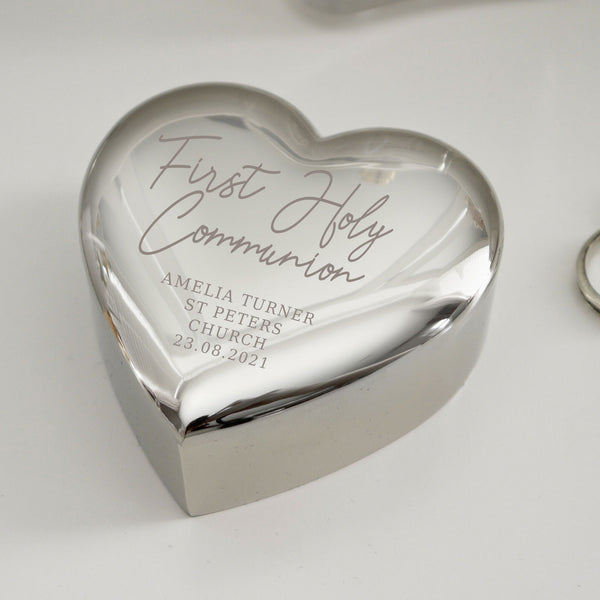 Personalised First Holy Communion Heart Trinket Box available to buy at www.giftsfinder.co.uk