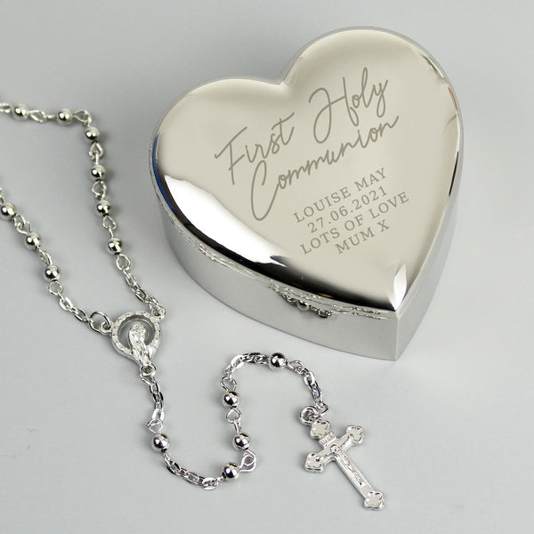 Personalised First Holy Communion Rosary Beads and Cross Heart Trinket Box available to buy at www.giftsfinder.co.uk