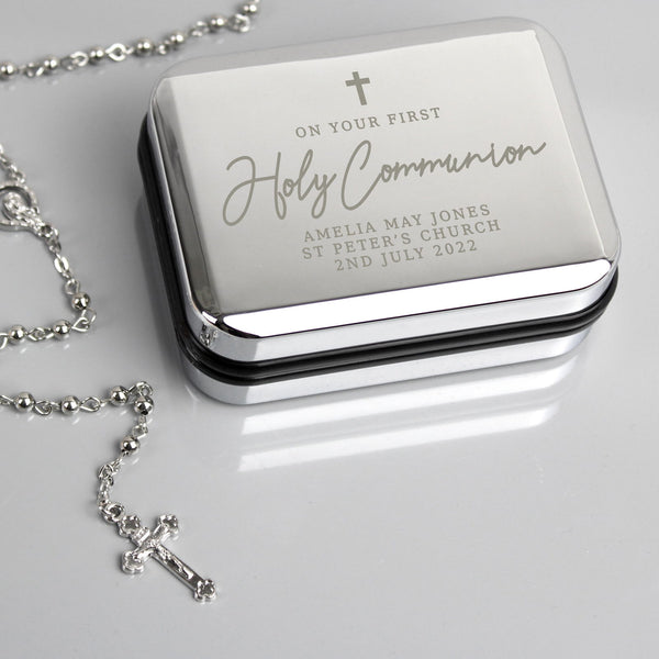 Personalised First Holy Communion Rosary Beads and Cross Trinket Box available to buy at www.giftsfinder.co.uk