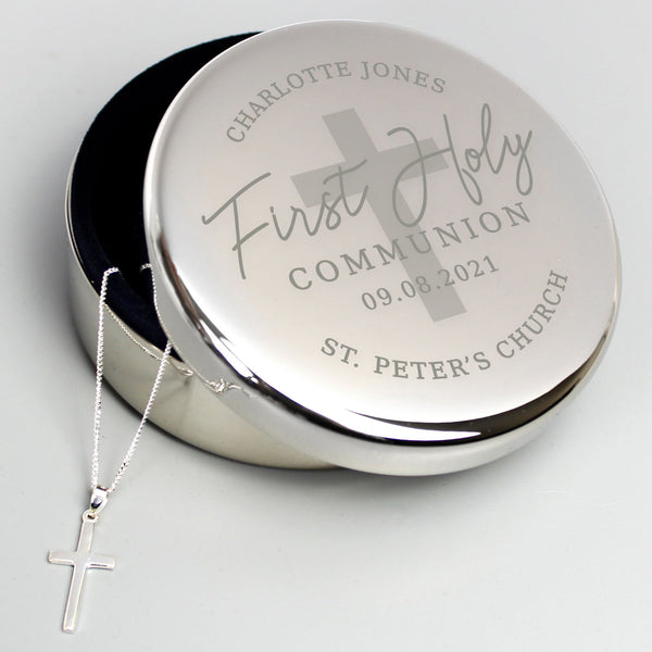 Personalised First Holy Communion Round Trinket Box & Cross Necklace Set available to buy at www.giftsfinder.co.uk