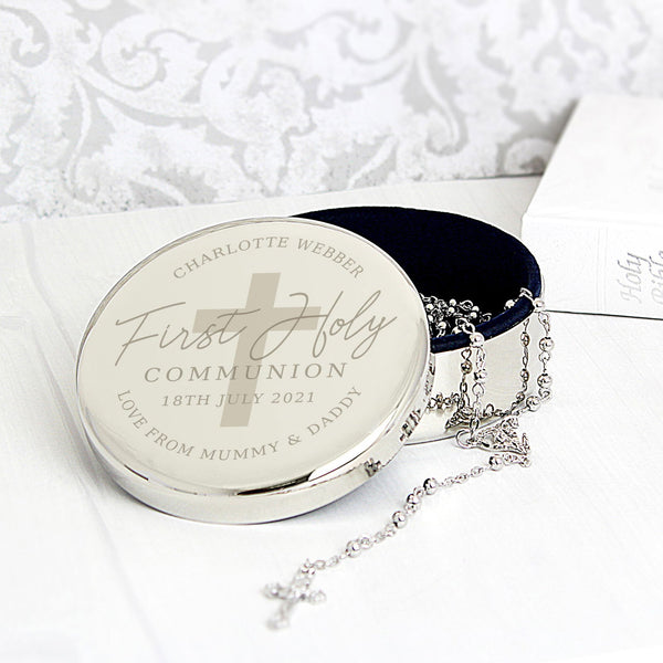 Personalised First Holy Communion Round Trinket Box & Rosary Beads Set available to buy at www.giftsfinder.co.uk