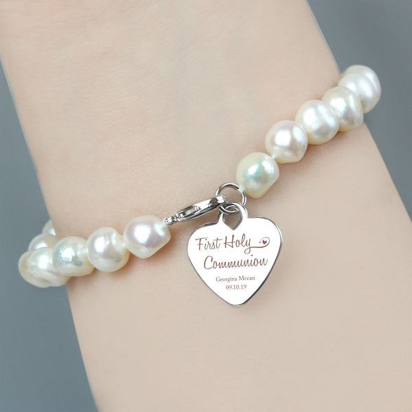 Personalised First Holy Communion Swirls & Hearts White Freshwater Pearl Bracelet available to buy at www.giftsfinder.co.uk