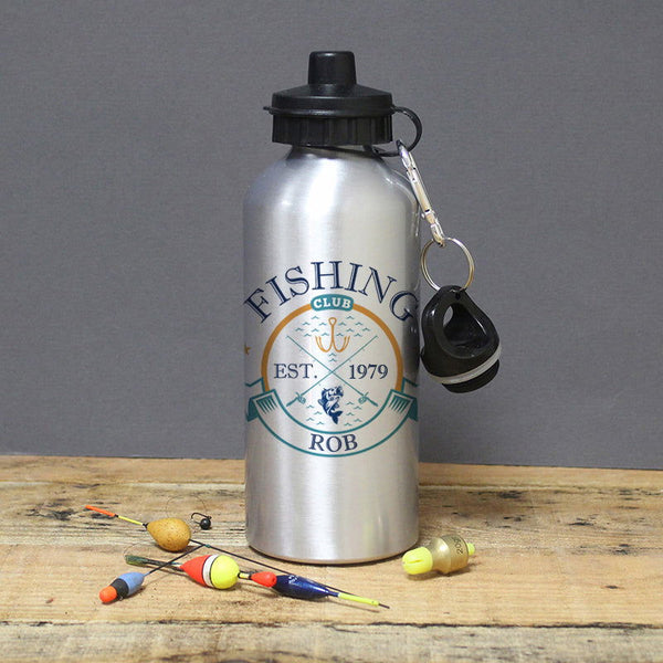 Personalised Fishing Club Silver Drinks Bottle available to buy at www.giftsfinder.co.uk