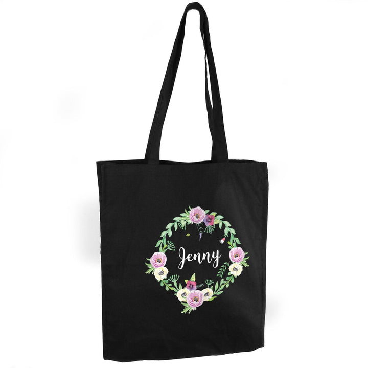 Personalised Floral Black Cotton Bag available to buy at www.giftsfinder.co.uk