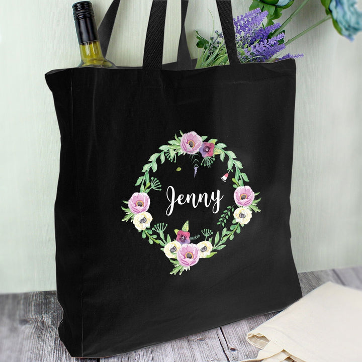 Personalised Floral Black Cotton Bag available to buy at www.giftsfinder.co.uk