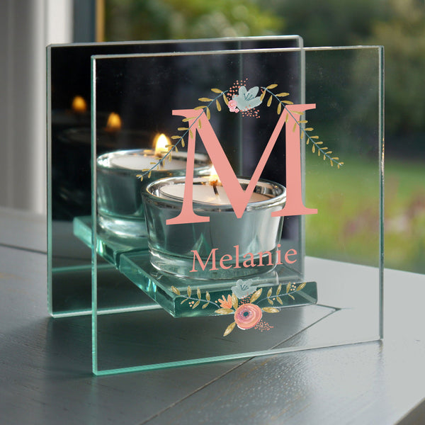 Personalised Floral Bouquet Mirrored Glass Tea Light Candle Holder available to buy at www.giftsfinder.co.uk